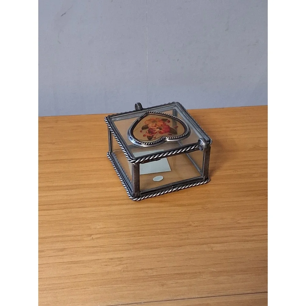 Vintage Glass Trinket Box Pressed Flower Heart Jewelry Case GVC!